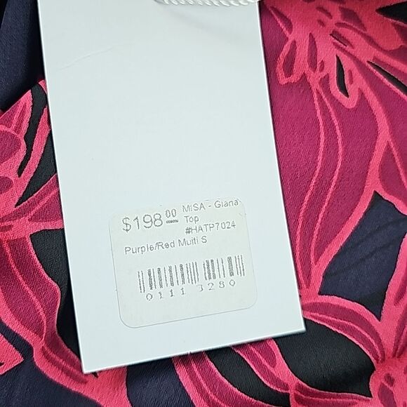 Misa -668 Purple Red Multi Ruched Mock Neck Long Sleeve Floral Giana Top Size S - Picture 6 of 11